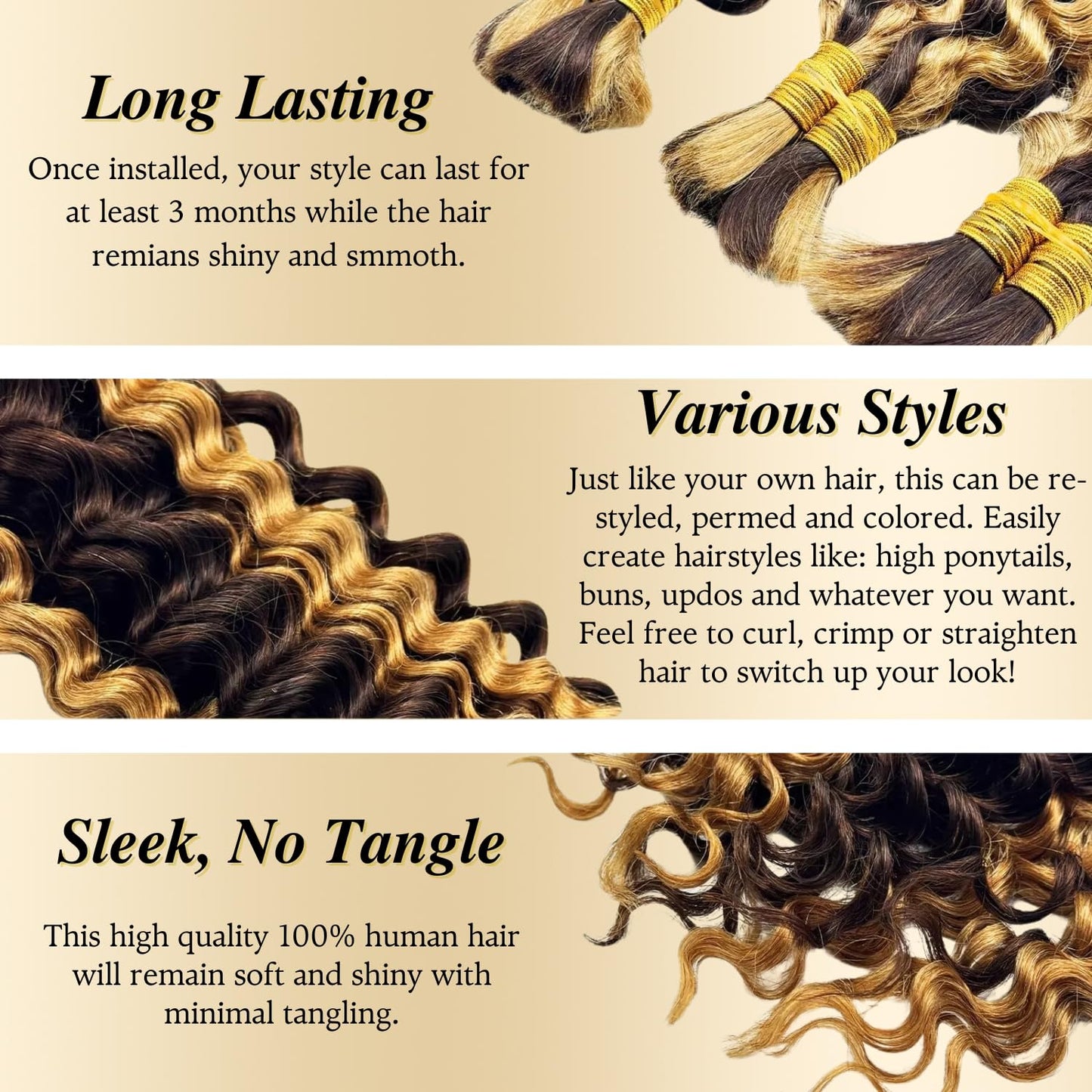Syrenlore Highlighted Honey Blonde Braiding Human Hair for Boho Knotless Braids 18 Inch 50G LIGHT BULK, Ombre 4/27 Curly Braiding Hair Deep Wave Human Hair Bulk, No Weft Blonde & Brown Hair Extensions