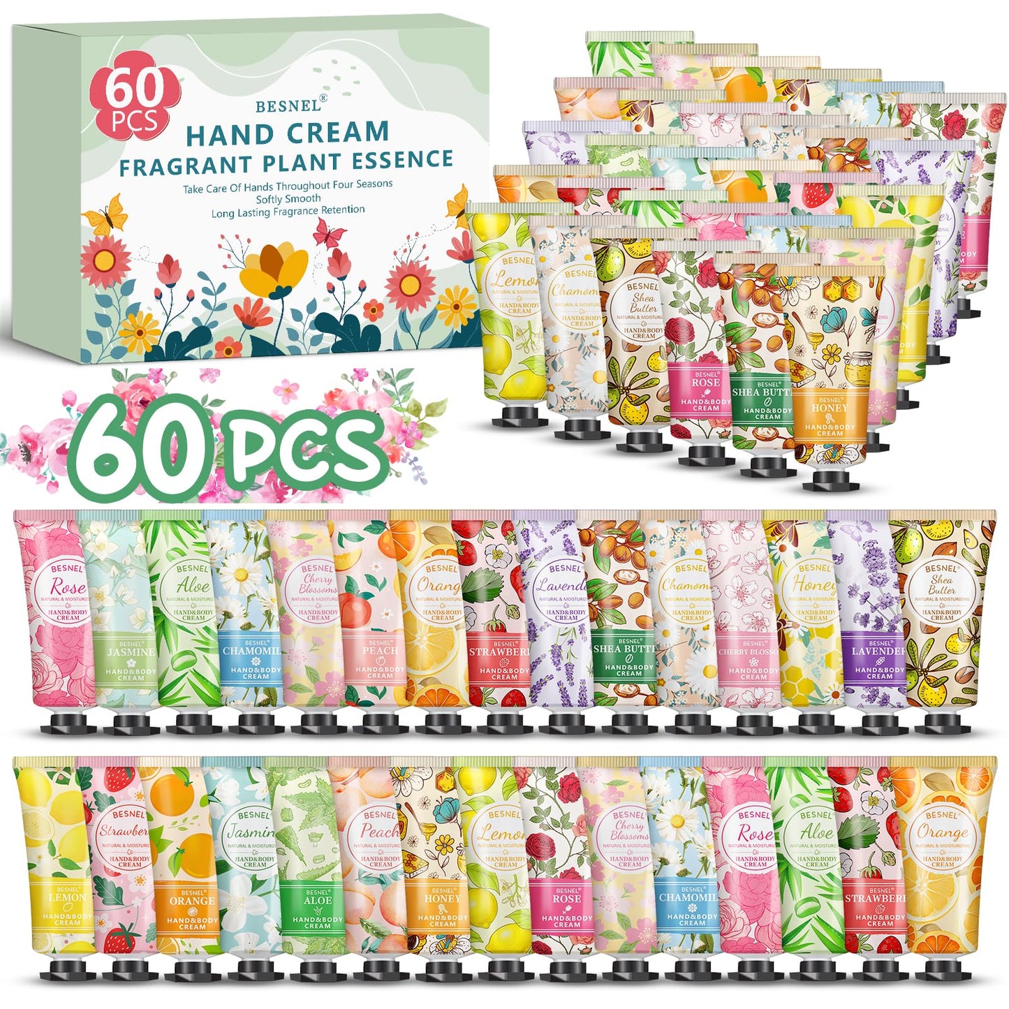 BESNEL 60 Pack Hand Cream Gift Set For Women, Teacher Appreciation Gifts, Mini Hand Lotion Travel Size in Bulk for Dry Cracked Hands, Graduation Gifts, Birthday Gift, Bridesmaid Gift,Party Favors