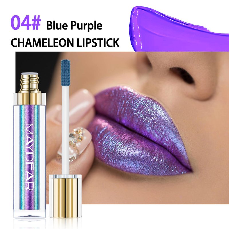 Maydear Chameleon Lipstick, High Pigmented for Women Metallic Shine Lip Gloss, Full-Coverage Multichrome Long Lasting Rainbow Makeup, Blue Purple