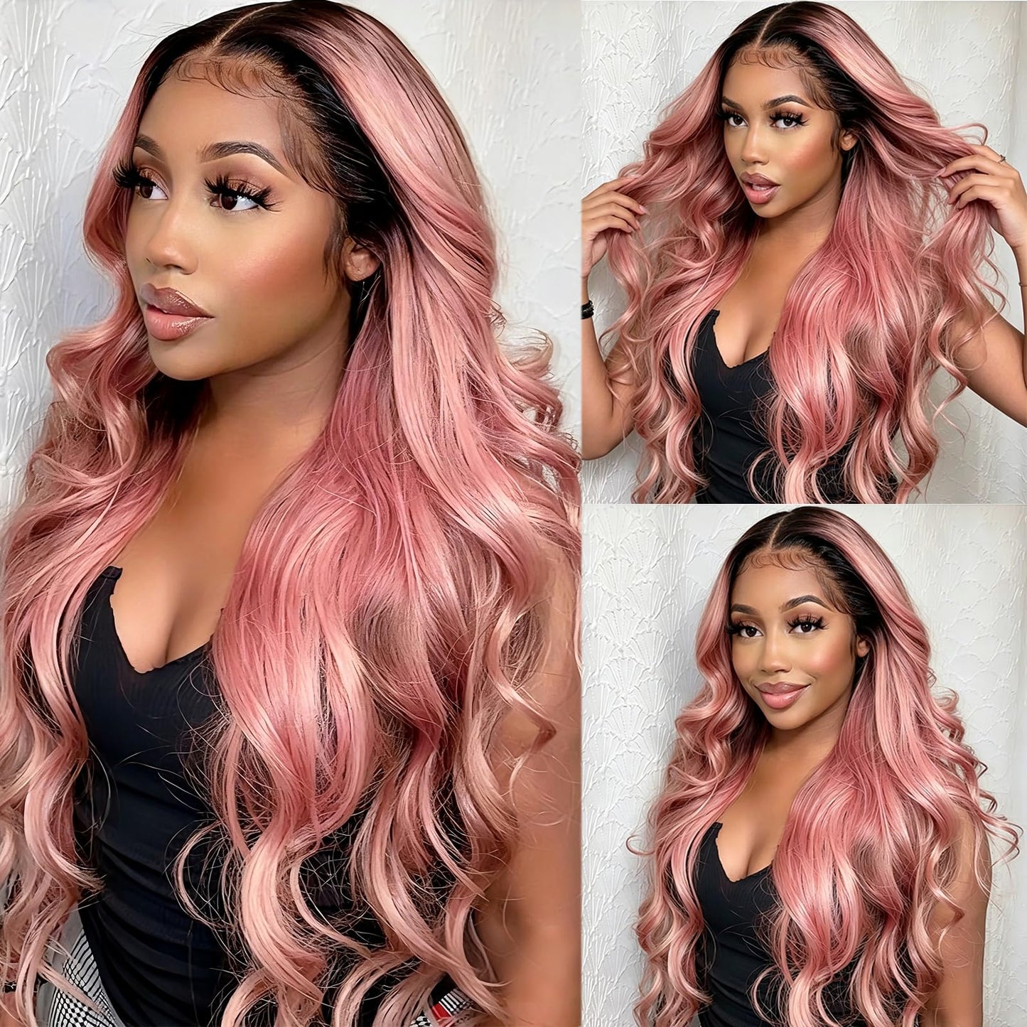 HILYN Long Pink Ombre Body Wave Wig 13x4 Light Pink Glueless Synthetic Lace Front Wig Pre Plucked 200 Density Hd Lace frontal Wig With Natural Hairline Loose Wave Colorful Wigs For Women 26 inches