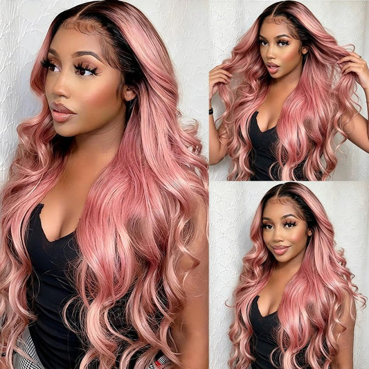 HILYN Long Pink Ombre Body Wave Wig 13x4 Light Pink Glueless Synthetic Lace Front Wig Pre Plucked 200 Density Hd Lace frontal Wig With Natural Hairline Loose Wave Colorful Wigs For Women 26 inches