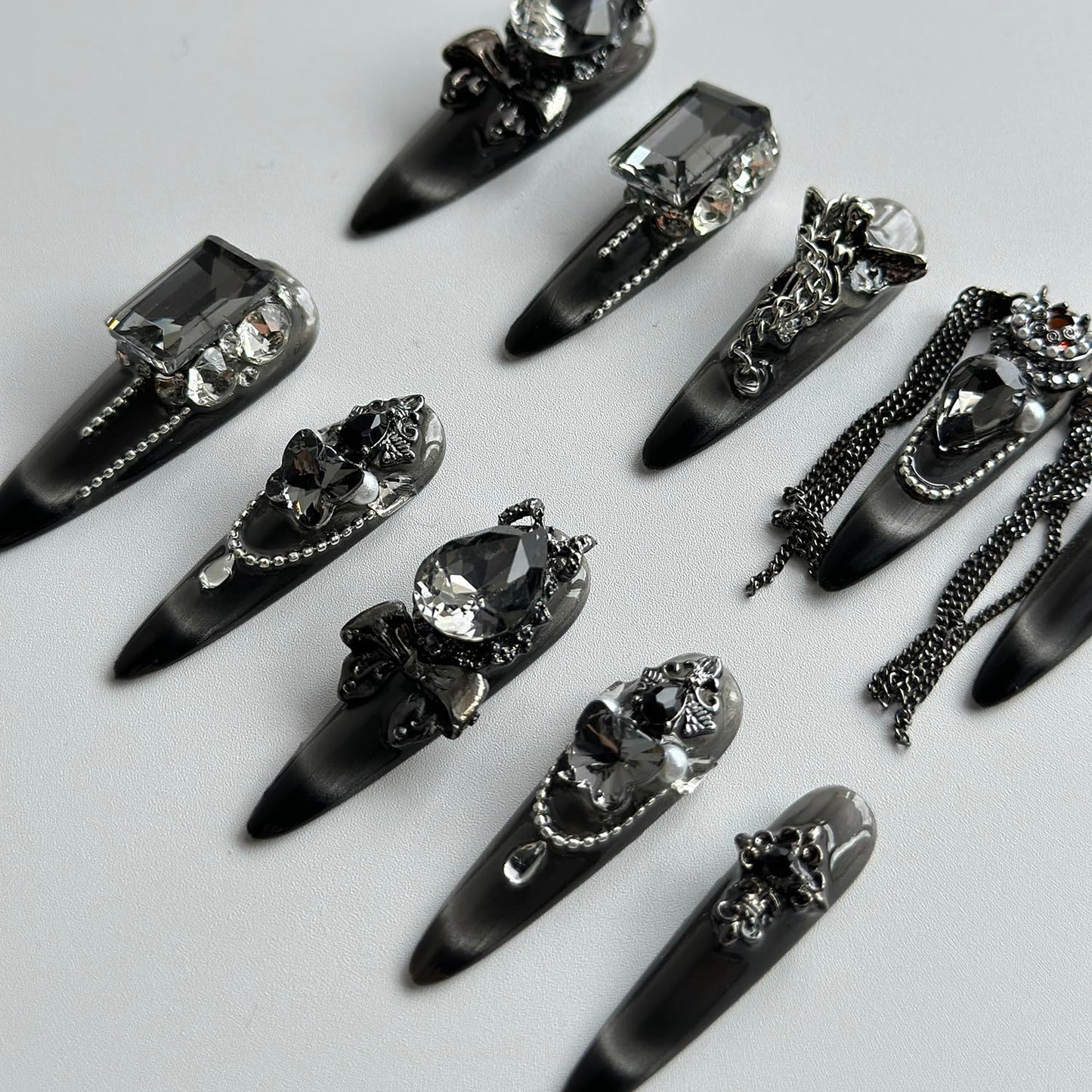 Luxury Press on Nails Long Almond Handmade 3D Unique Reusable ABS Material Fake Nails Black Gothic False with Designs Chain Rhinestones Charms Glitter Glossy Glue on Nails Thick Acrylic Nails(S)