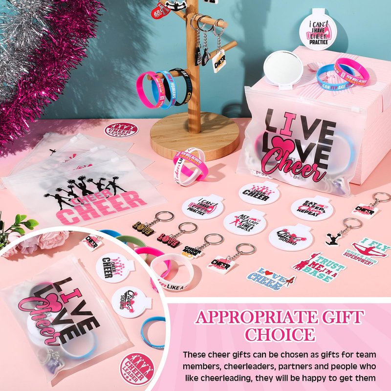 Huquary 121 Pcs Cheerleader Gifts Kit 30 Zipper Portable Cheer Makeup Bag 30 Keychain Wristband Mirror 1 Bag Waterproof Cheer Stickers for Women Girls Cheerleader Teammates