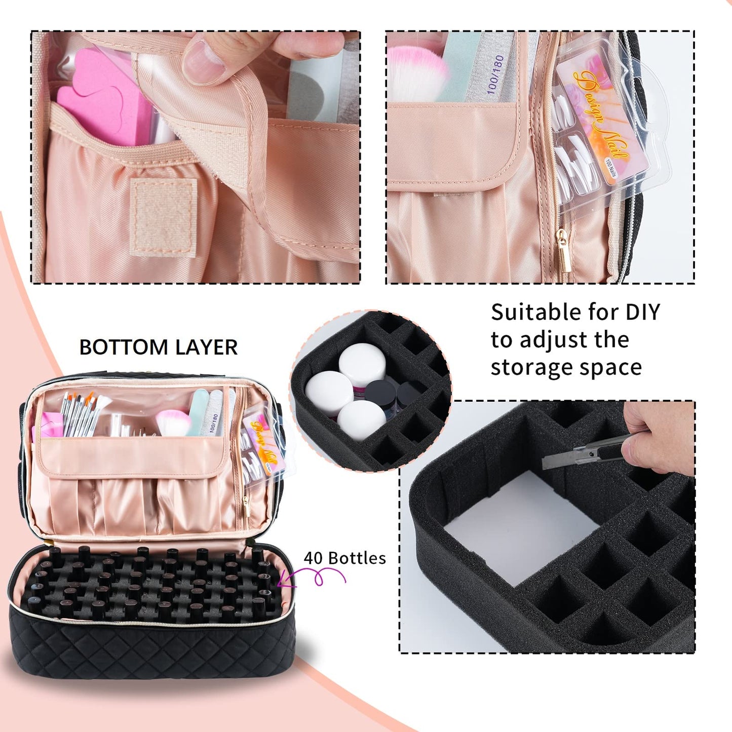 GR69N Nail Polish Organizer Case,Nail Storage Organizer Holds Nail Lamp & 50 Bottles Nail Polish,Travel Nail Tech Case,Nail Kit Organizer Bag Fits Nail Supplies & Manicure Tools,Black (Patented)