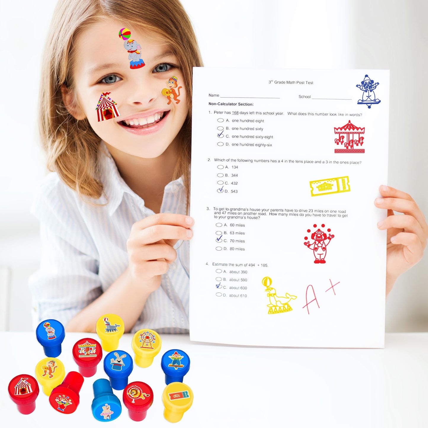 INKSOMOBA 36 PCS Carnival Party Favors for Kids - 24 Temporary Tattoos & 12 Circus Themed Stamps - Ideal Goodie Bag Fillers, Birthday Rewards, Classroom Prizes for Boys & Girls