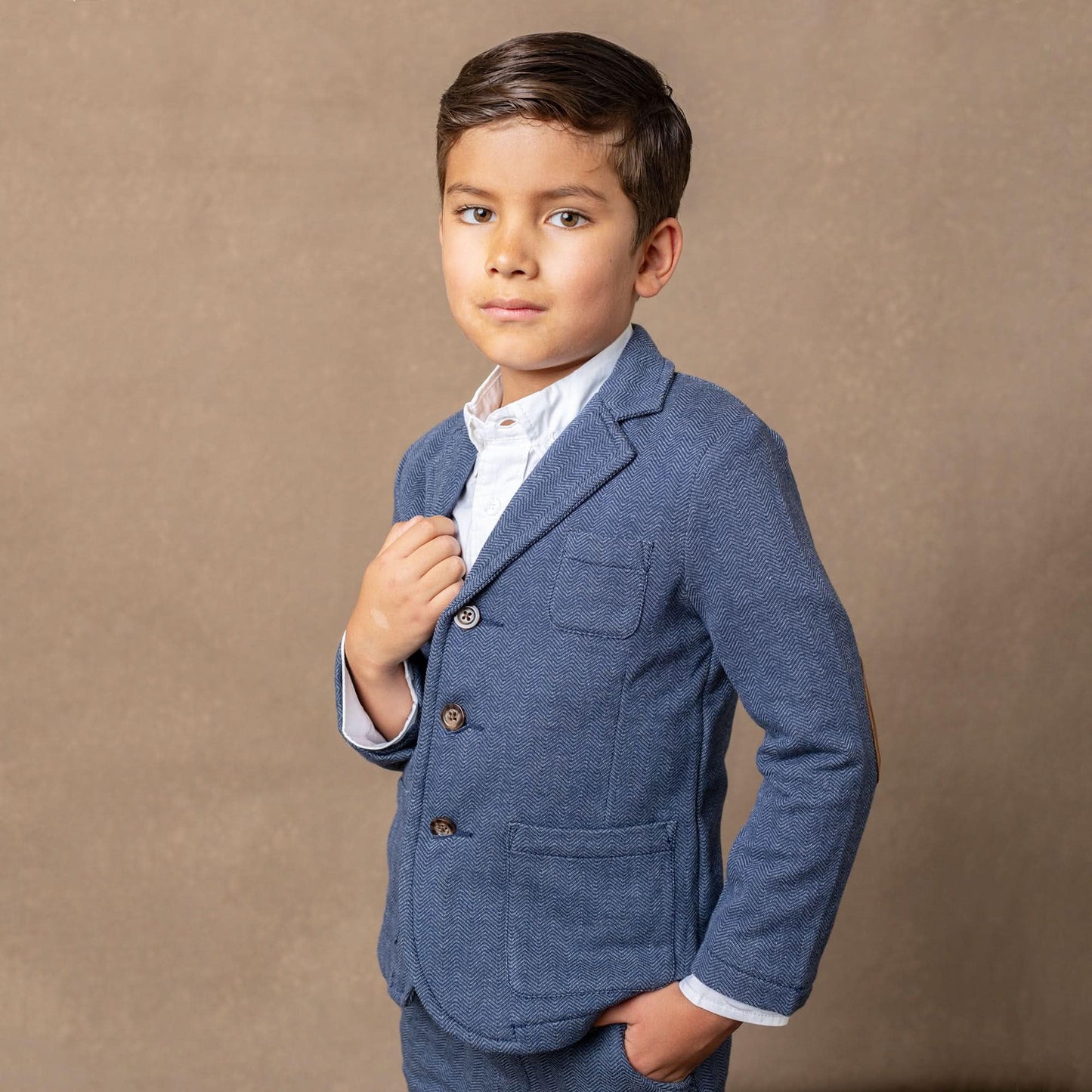 Hope & Henry Baby Boys' Fleece Suit Blazer Made with Organic Cotton, 18-24 Months, Navy Herringbone