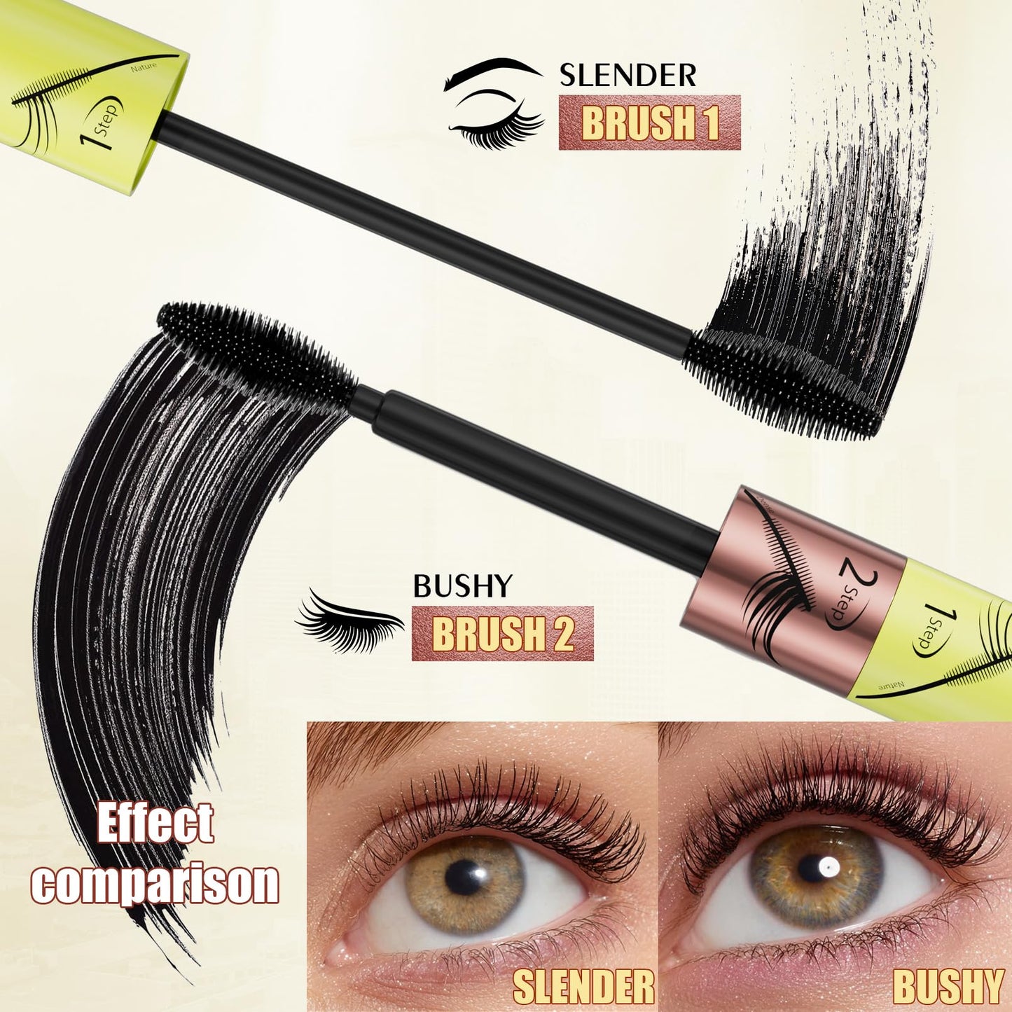 Dual-effect mascara, black and brown