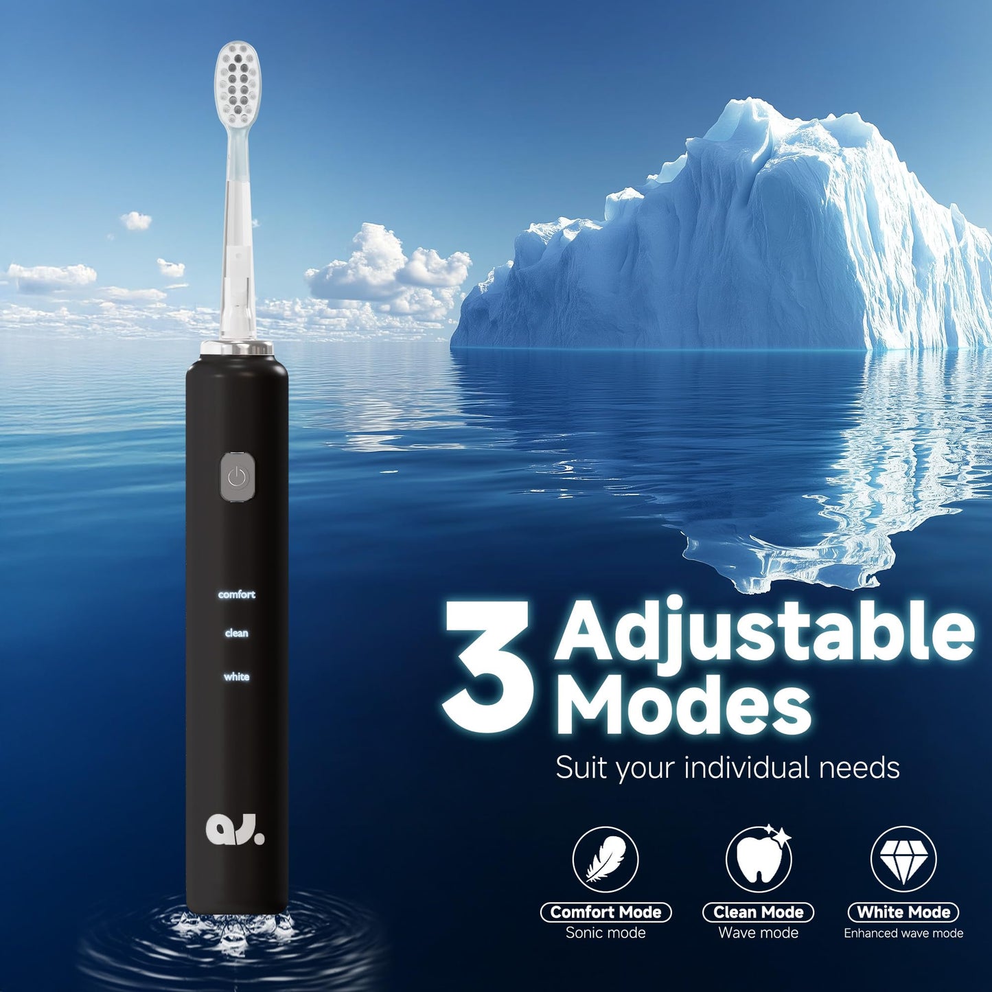 ALLINCOZY New Wave Oscillating Electric Toothbrush, Vibrating Wave Oral Brush, IPX7 Waterproof, Type-C, Gifts for Adults and Kids, Includes 3 Brush Heads and Wall Mount Bracket, Black