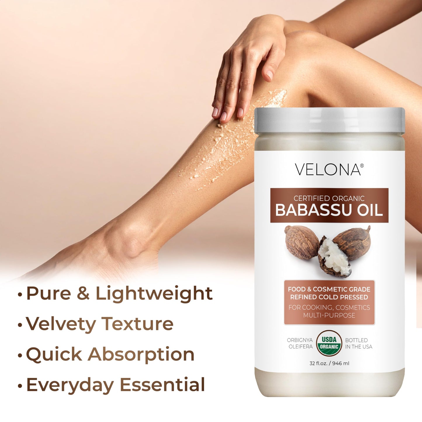 velona Babassu Oil USDA Certified Organic - 32 Fl Oz | 100% Pure and Natural Carrier Oil | Refined, Cold Pressed | Face, Hair, Body & Skin Care and Cooking | Use Today - Enjoy Results
