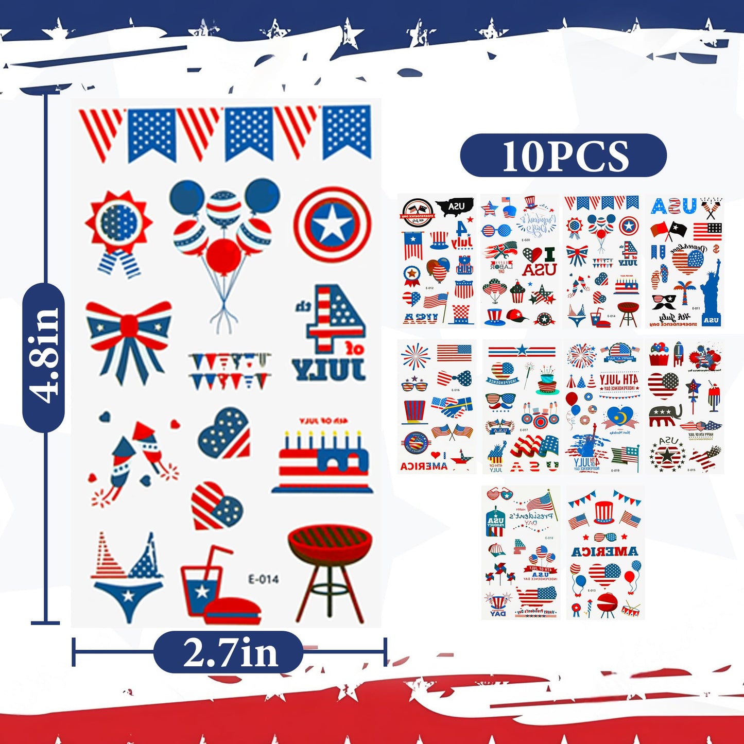 4th of July Tattoos,100PCS 4th of July Temporary Tattoos,Fourth of July Accessories,Red White and Blue Party Supplies Independence Day 2.7x 4.8 inches 10 Sheets