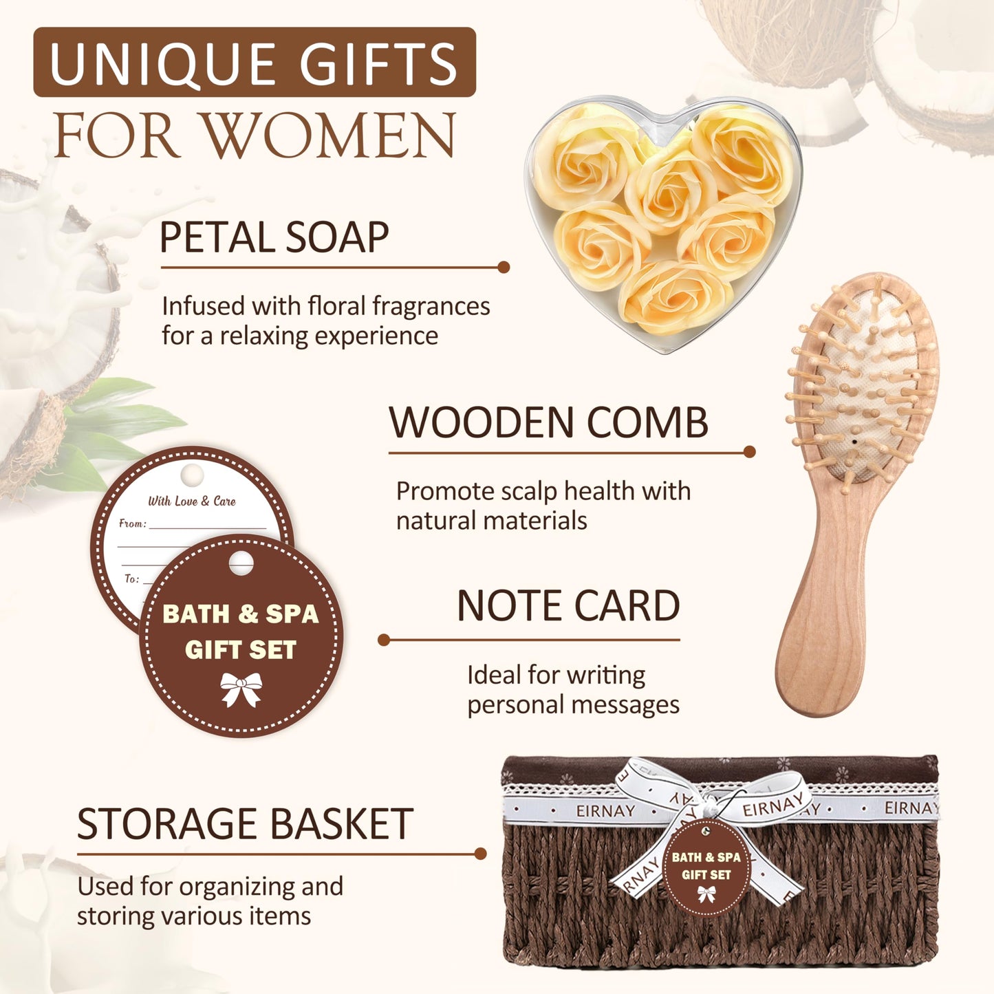 EIRNAY Mothers Day Gifts For Women - 16 PCS Birthday Gift Basket for Women Set of Coconut Vanilla Self Pampering Set, Includes Luxurious Home Spa Shower Gel Bubble Bath