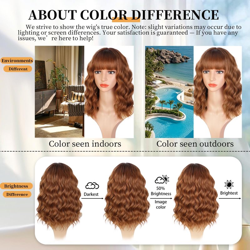 XIXIBI Auburn Wigs for Women Bob Wig with Bangs Short Curly Synthetic Shoulder Length Hair Wavy Natural Looking for Party Daily Use