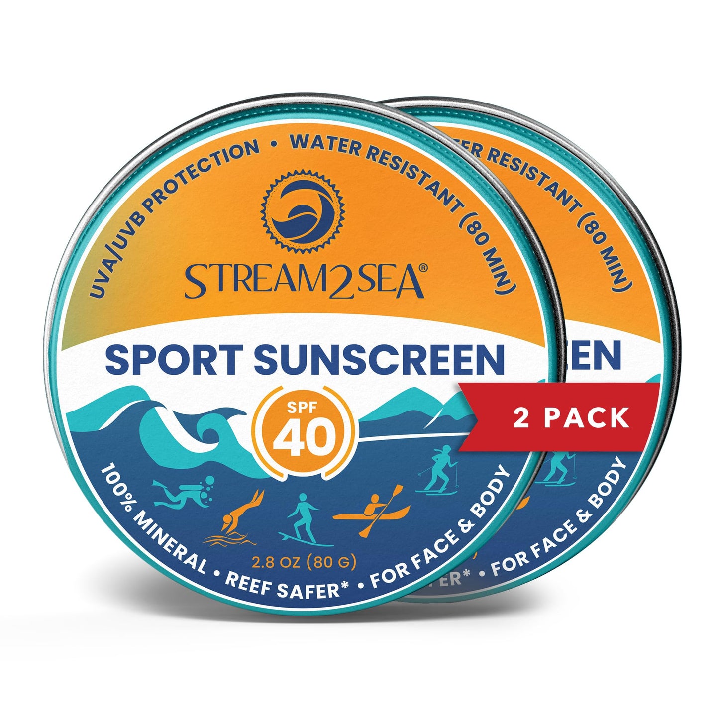 STREAM2SEA SPF40 Unscented Mineral Sport Sunscreen in Tin with EcoSafe Zinc for Face & Body, Natural Organic Biodegradable Coral Reef Safe Sunscreen, Travel Size, Mineral Based, 2 Pack