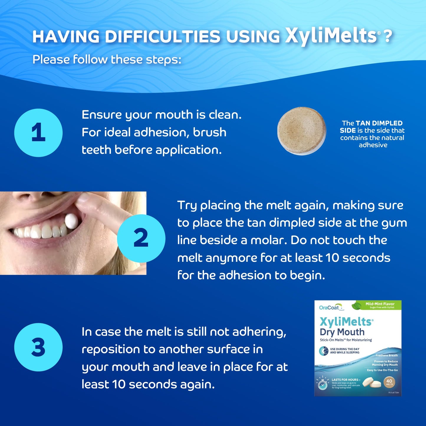 Oracoat XyliMelts for Dry Mouth Night Time or Day - Moisturizing Dry Mouth Adhering Discs, Sugar Free with Xylitol, 40 Count - Pack of 3, Mild Mint Flavor, 8-Hour Relief