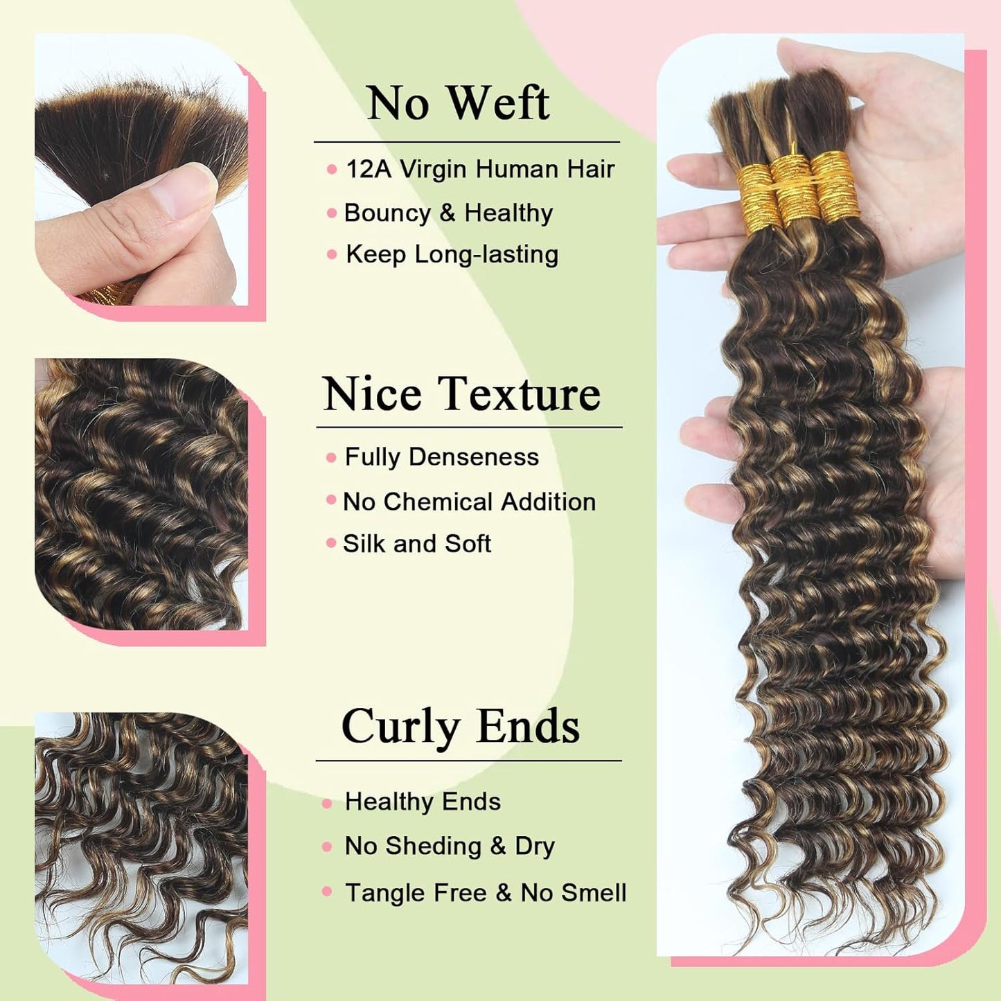 Boho Braids Human Hair - 110g 16 Inch Deep Water Wave Bulk Extensions | Virgin Curly 3 Bundles P4/30