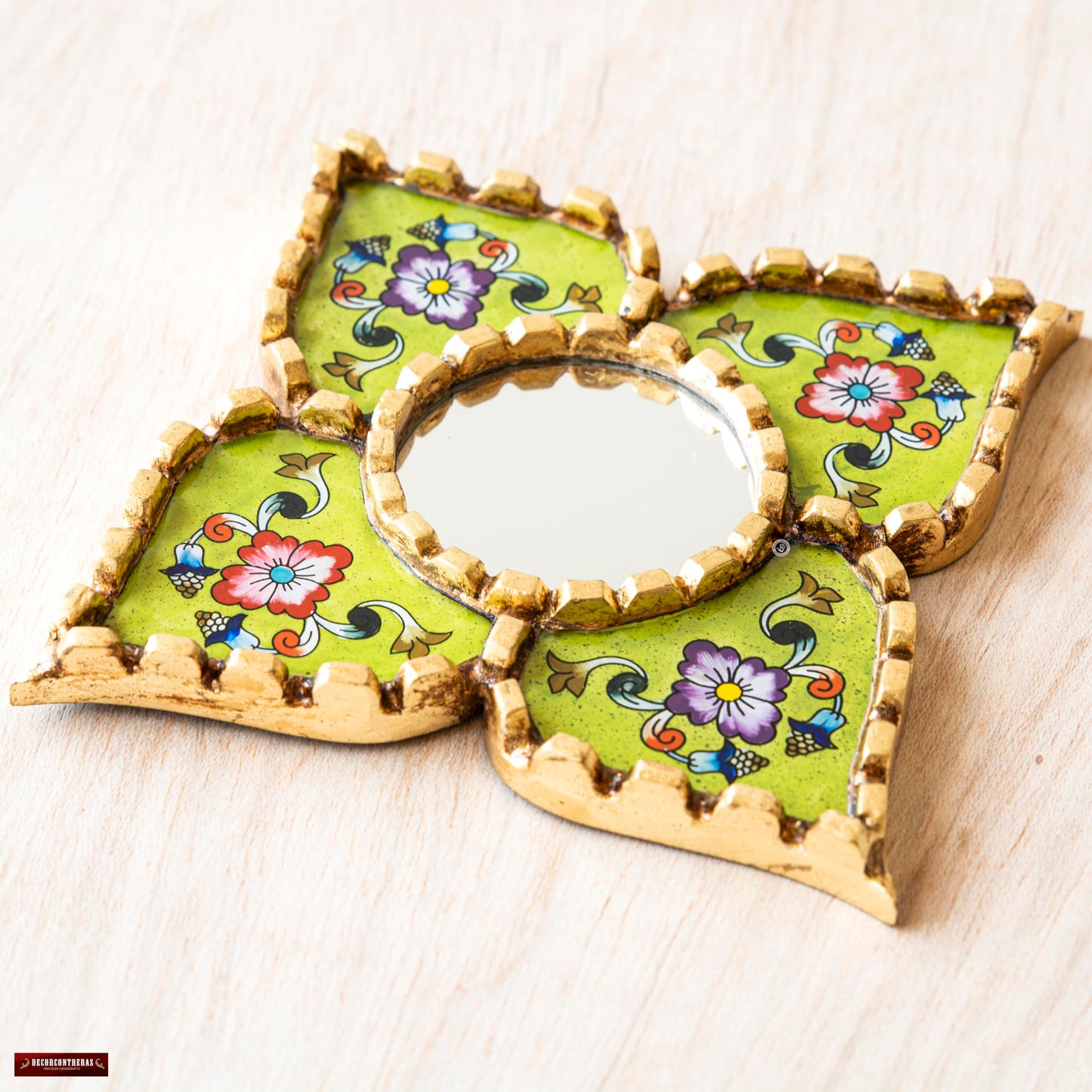 DecorContreras Peruvian Wall Mirror Lime Green Hand Painted Glass Diamond