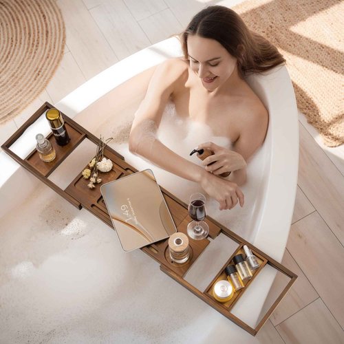 Teak Bathtub Tray Expandable Bathroom Tray for Home Spa Relaxation, Wooden Tray Caddy for Bathtub, Teak Bathtub Caddy as Unique Housewarming, Birthday, Wedding Shower Gifts (Natural Teak)
