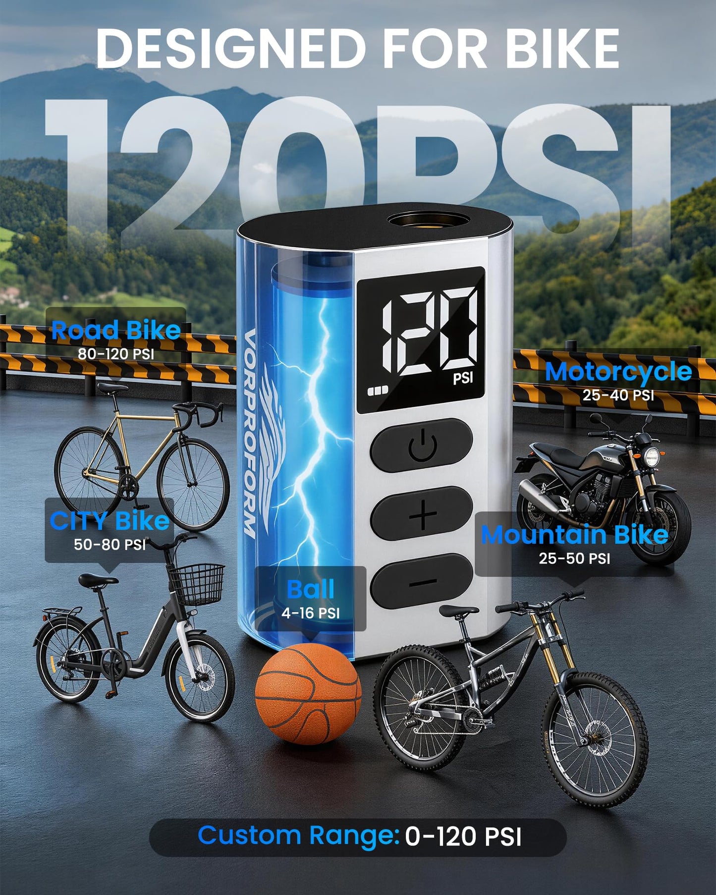 Vorproform Electric Bike Pump, 120 PSI Fast Inflate Bicycle Tire Pump with Guage, Auto Stop Mini Bike Pump with Presta and Schrader Valve, Suitable for MTB, Road Bike, E-Bike, Balls