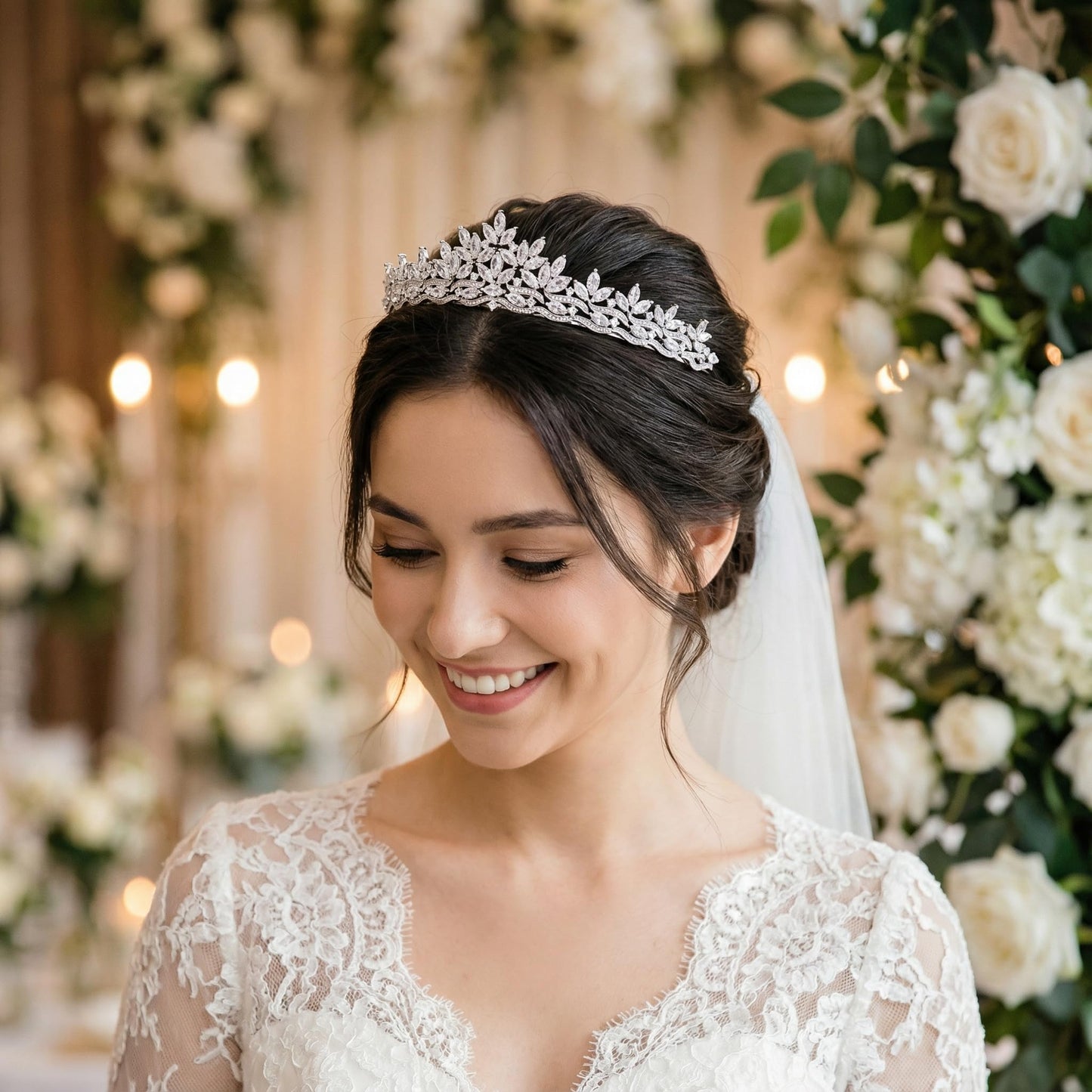 Sparkling CZ Tiaras for Women Floral Bride Crown Platinum Plated Wedding Quinceanera Prom Homecoming Crowns Flower Wave Design Bridal Jewelry Gift