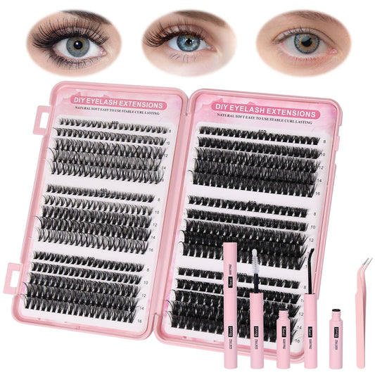 AOMIG Cluster Eyelash Extensions Kit, 570PCS Volume Fluffy Lash Clusters, 8-16mm Individual Lashes Kit with Eyelash Bond and Tweezers, Thick Eye Lash Clusters DIY Cat Eye Lashes Natural Looking