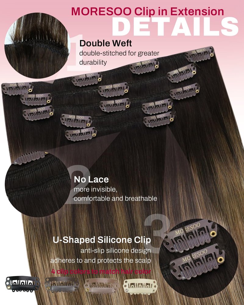Moresoo Clip in Hair Extensions Real Human Hair Balayage Human Hair Clip in Extensions Ombre Dark Brown to Golden Brown With Blonde Hair Extensions Clip ins 12inch 80g 5pcs