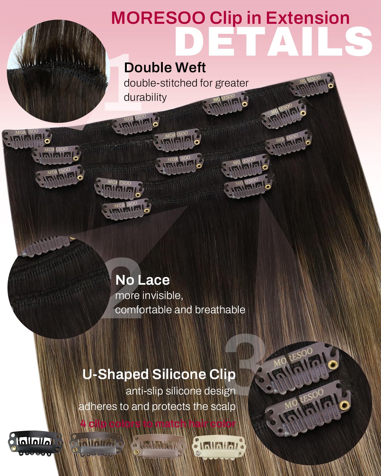 Moresoo Clip in Hair Extensions Real Human Hair Balayage Human Hair Clip in Extensions Ombre Dark Brown to Golden Brown With Blonde Hair Extensions Clip ins 12inch 80g 5pcs