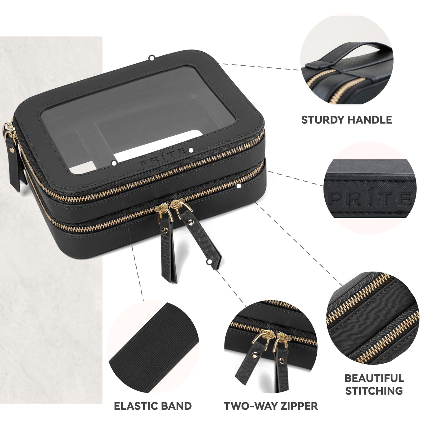 Prite Clear Makeup Bags Double Layer Cosmetic Bags with a Separate Brush Compartment Travel Makeup Bag for Women Travel Accessories Organizer for Purse(Black)