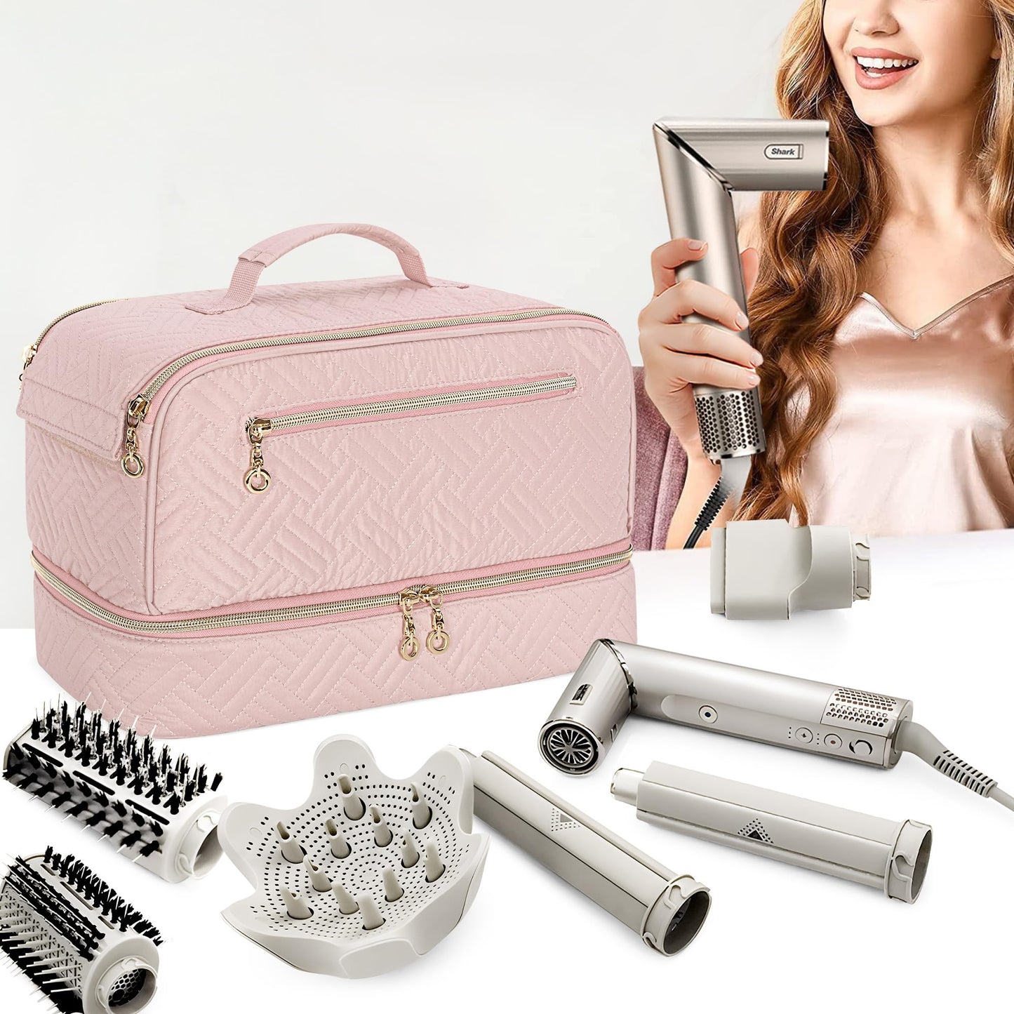 Teamoy Travel Carrying Case Compatible with Shark Flexstyle, Double-Layer Storage Bag for Shark Hyperair, Portable Travel Organizer for Dyson Airwrap Styler and Attachments, Pink Quilted