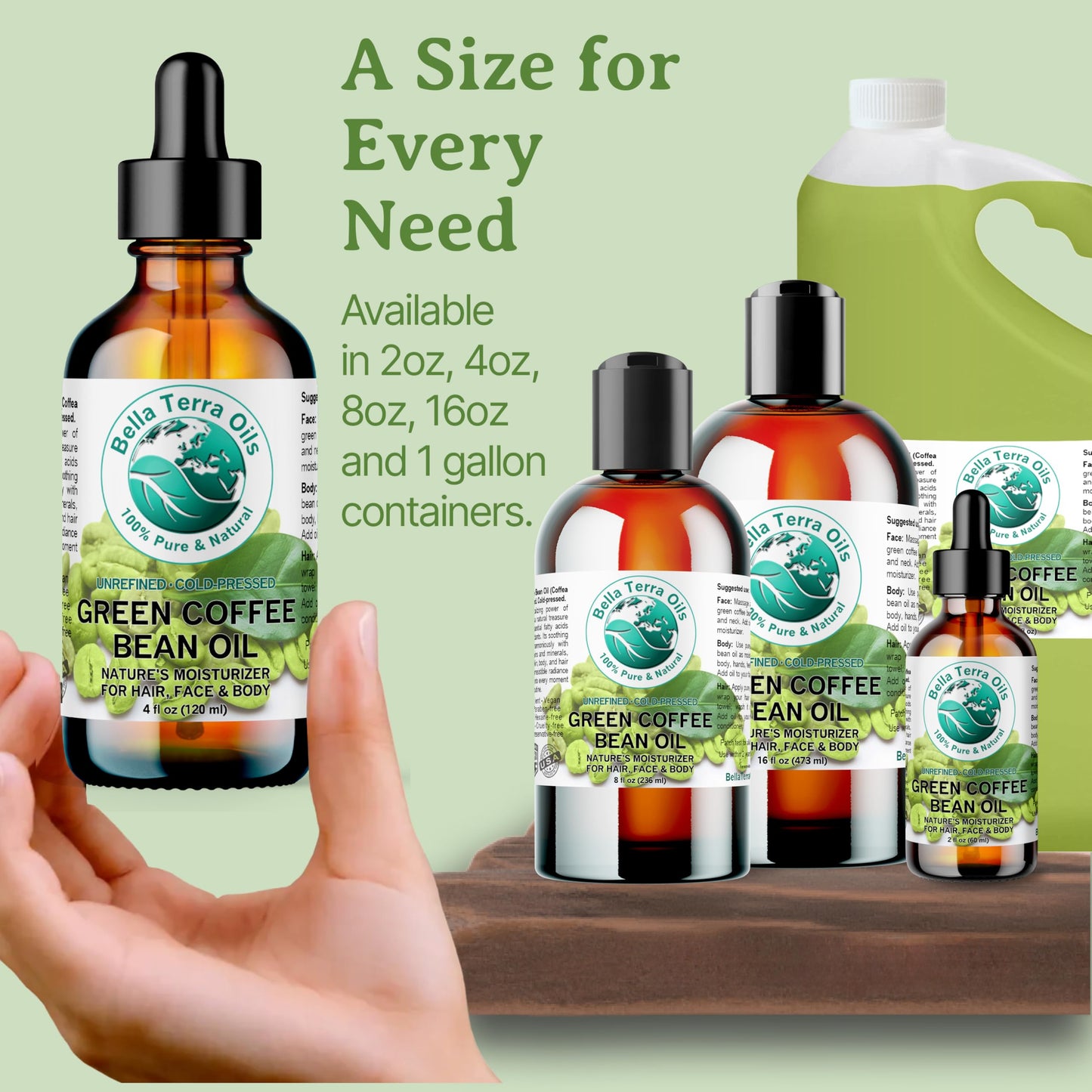 Bella Terra Oils - Green Coffee Bean Oil 4 oz - Rich in Quinic Acid & Lignans, Cold-Pressed from Authentic Coffee Beans, Premium Skin Nourishment