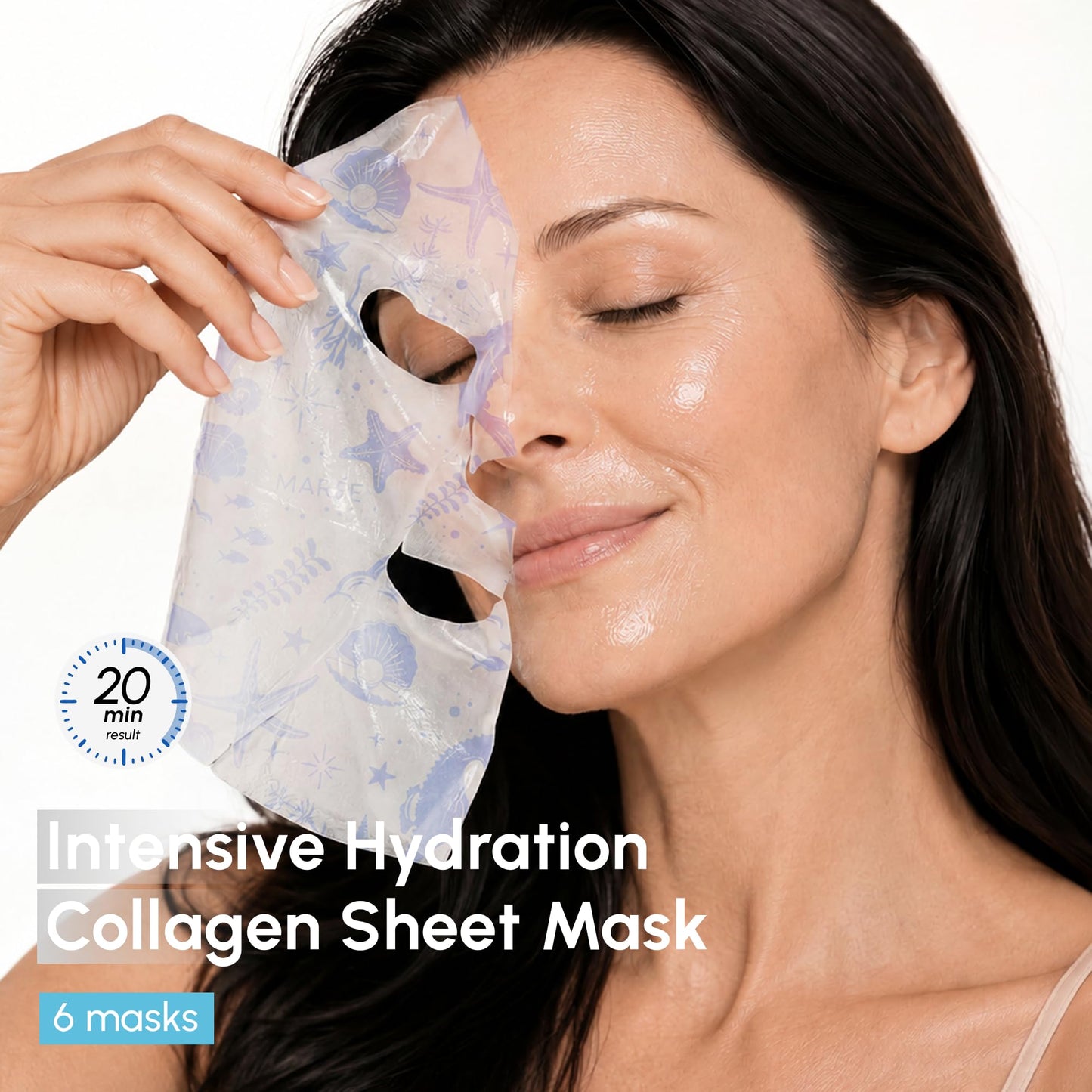 MAREE Collagen Facial Mask with Hyaluronic Acid — Sheet Face Mask Skincare — Centella Asiatica, Green & Red Algae Extract — Hydrating Facemask For Women Skin Care — Mascarillas Para La Cara — 12 Count