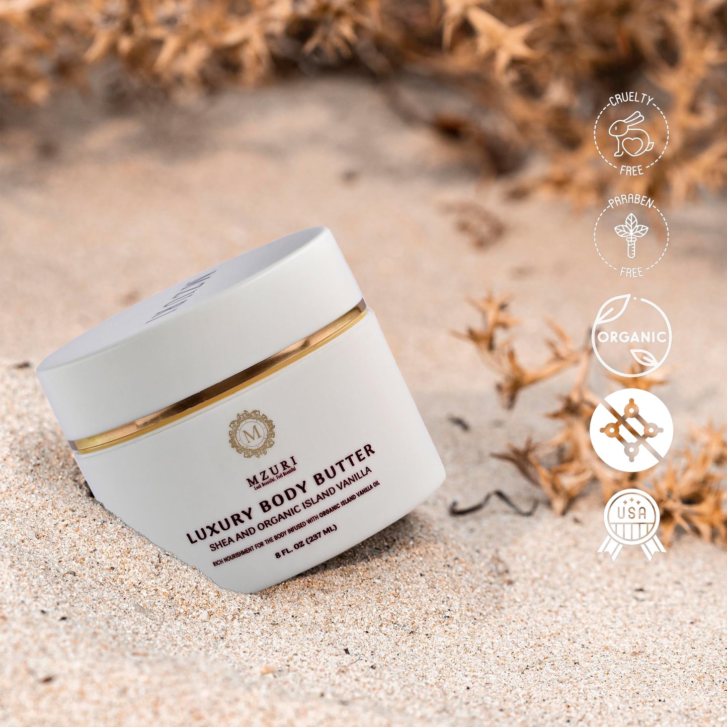 MZURI Body Butter, Whipped Shea and Island Vanilla Blend, Fast-Absorbing, Deep Moisturizing Cream with Essential Oils, Non-Greasy, Natural Skincare for Dry, Glowing Skin, Organic Butter - 8 Fl. Oz