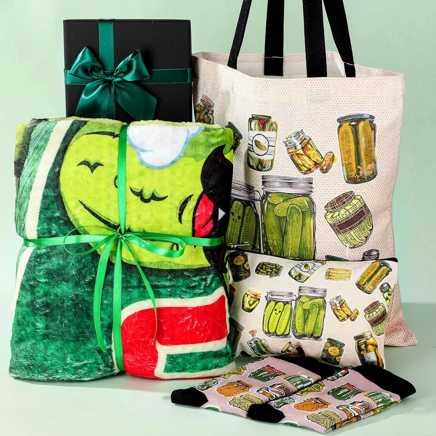Funny Pickle Gifts Set for Women - 4 Pcs Pickle Lovers Bundle | Blanket, Tote Bag, Makeup Bag & Socks