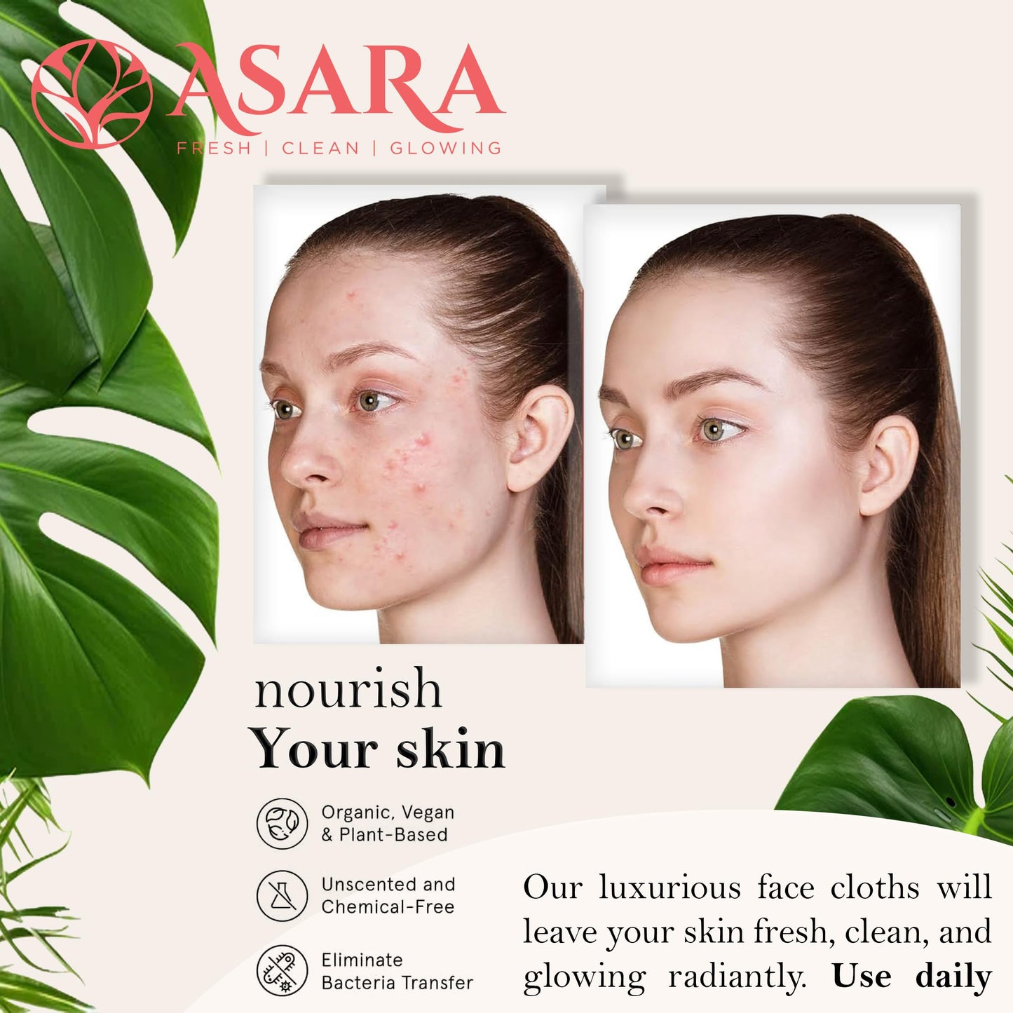 Clean Face Towels Disposable XL Facial Wipes | Add Water As a Makeup Remover | Sensitive Skin Face Towels | Organic Vegan Biodegradable - Clean Daily Towelettes | by Asara (50 Count)