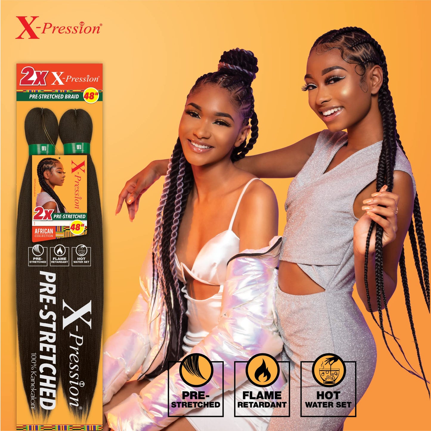 Sensationnel X-pression prestretched braiding hair - 2x braid 48 inch all kanekalon flame retardant synthetic braid for box braids and twists (4 pack, 1B OFFBLACK)