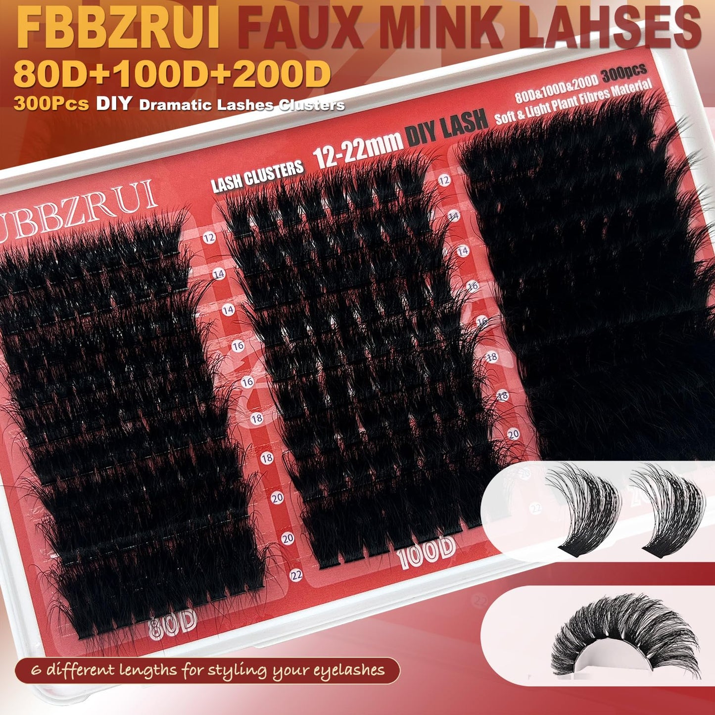 FUBBZRUI Lash Clusters D Curl 12-22mm Dramatic Long Individual Lashes Mega Volume Thick Eyelash Clusters DIY 80D 100D 200D