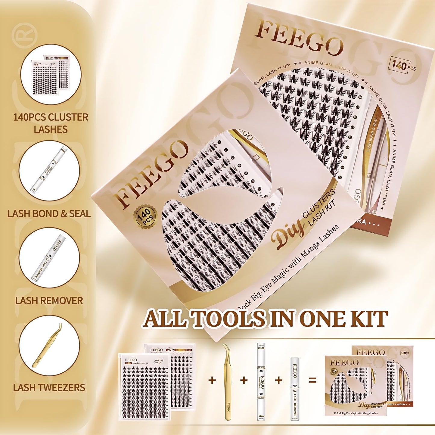 FEEGO Natural Lash Extension Kit 168Pcs Lash Clusters Kit Wispy Eyelash Extensions Individual Lashes Extensions with Bond and Seal Lash Glue and Eyelash Extension Tweezers DIY (MAGIC GIRL KIT - B)