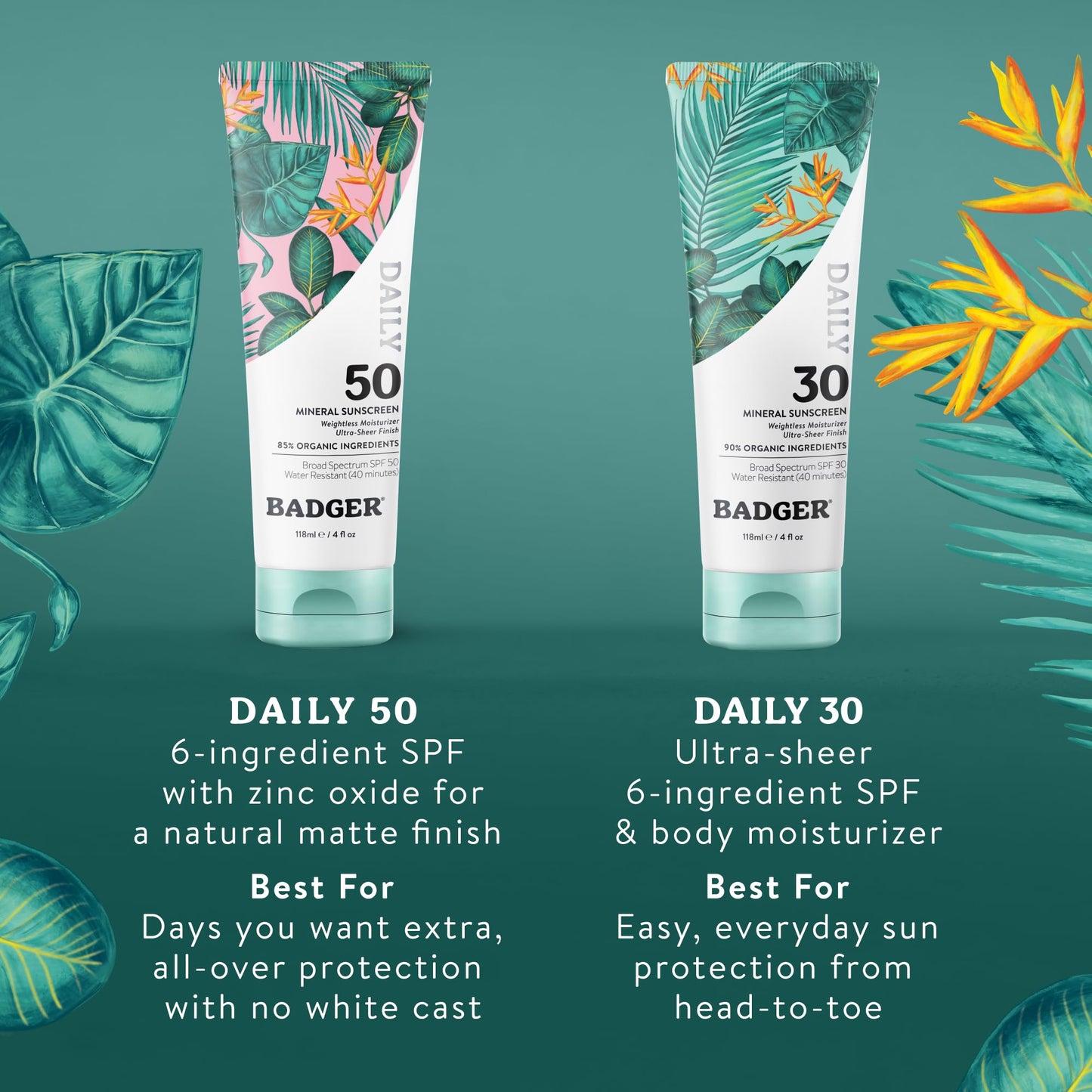 Badger SPF 50 Daily Mineral Sunscreen with Zinc Oxide, 85% Organic, Lightweight & Easy to Apply, No White Cast, Moisturizing, Reef Safe, Vegan, Unscented, 4 fl oz