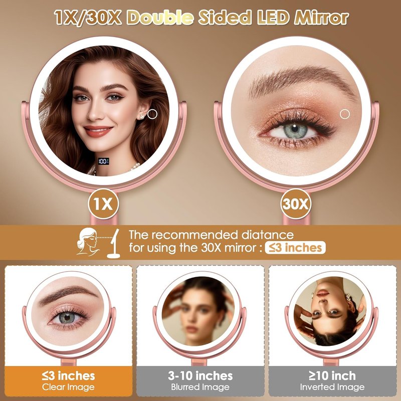 Makeup Mirror with Lights - 30X/1X Magnifying, Height Adjustable | Detachable Travel Vanity Mirror in Rose Gold