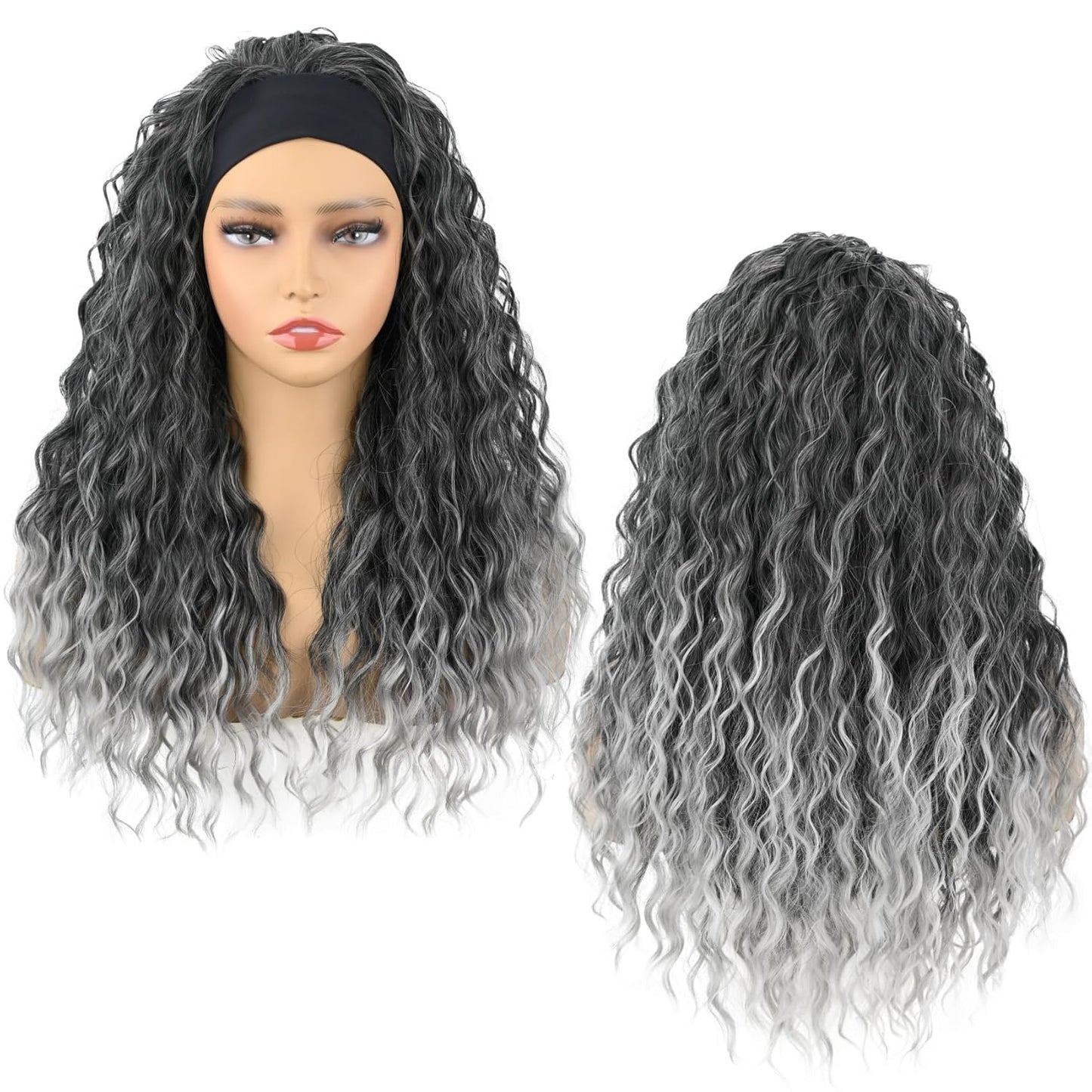 Deep Wave Headband Wig - 20 Inch Gray Synthetic Half Wig for Black Women | Glueless, Machine Made (T1B/Gray)