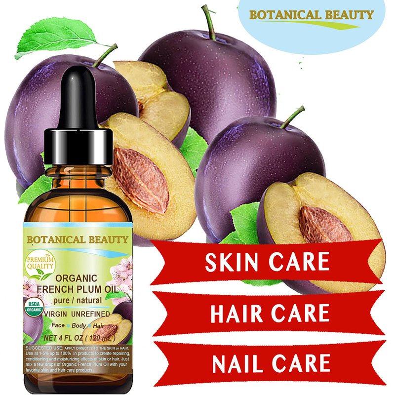 Botanical Beauty Organic French PLUM OIL 100% Pure Natural VIRGIN UNREFINED Cold-Pressed Carrier Oil for Face, Skin, Body, Hair, Lip, Nails. Rich in Vitamin E, Omega 6, Omega 9 (2 Fl Oz)