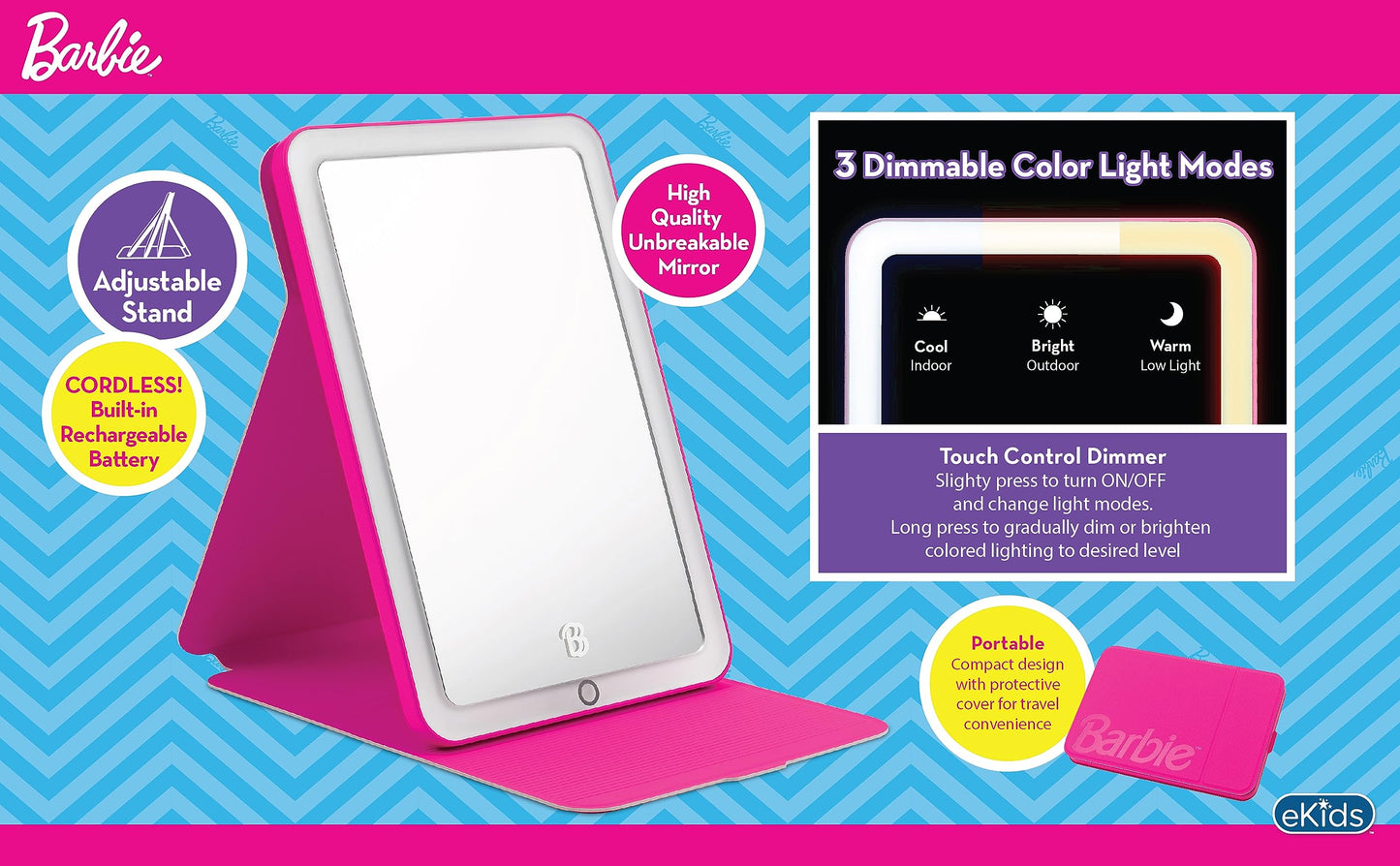 eKids Barbie Travel Mirror with Light and Adjustable Stand, Shatterproof Makeup Mirror with Rechargeable Battery, Designed for Fans of Barbie Accessories and Gifts