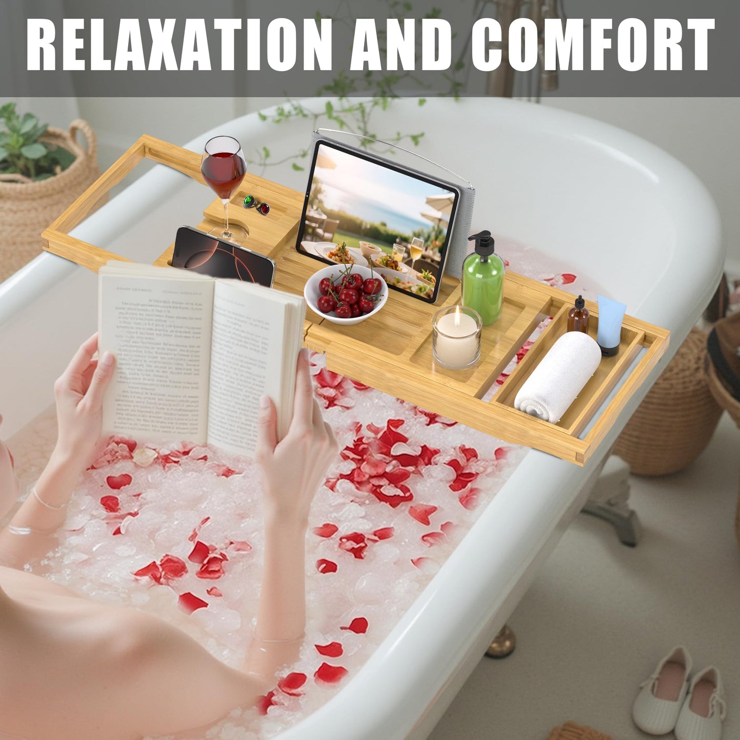 Bamboo Bathtub Tray Caddy, Foldable Bath Tray for Tub