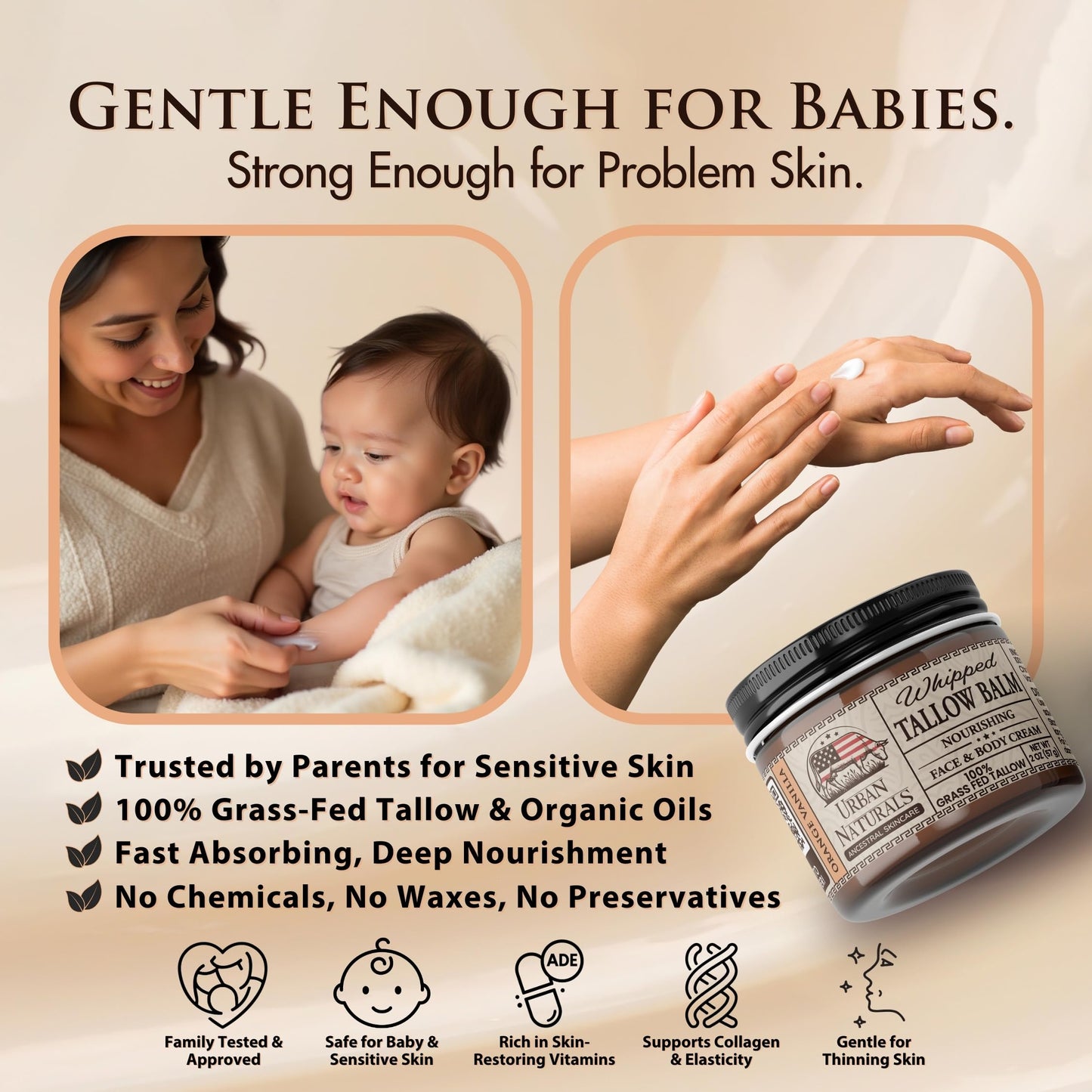 Urban Naturals Handmade Whipped Tallow Balm (Orange Vanilla) 100% Grass-fed Organic Beef Tallow Skin Cream Moisturizer for Face with Jojoba Oil, for Eczema, Baby - Made in USA