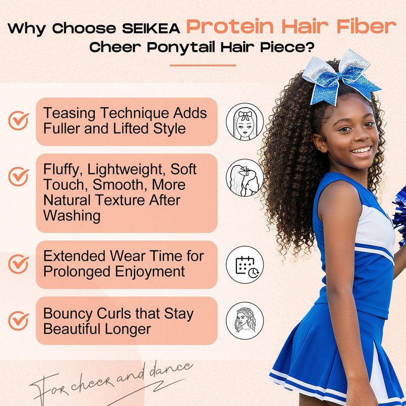 SEIKEA Cheer Ponytail Hair Piece, 100% Super Protein Fiber Curly Cheerleader Hairpiece Lightweight Fluffy Natural Soft 18" Ponytail Extension for Cheerleader Competition, Dance Mocha Melt