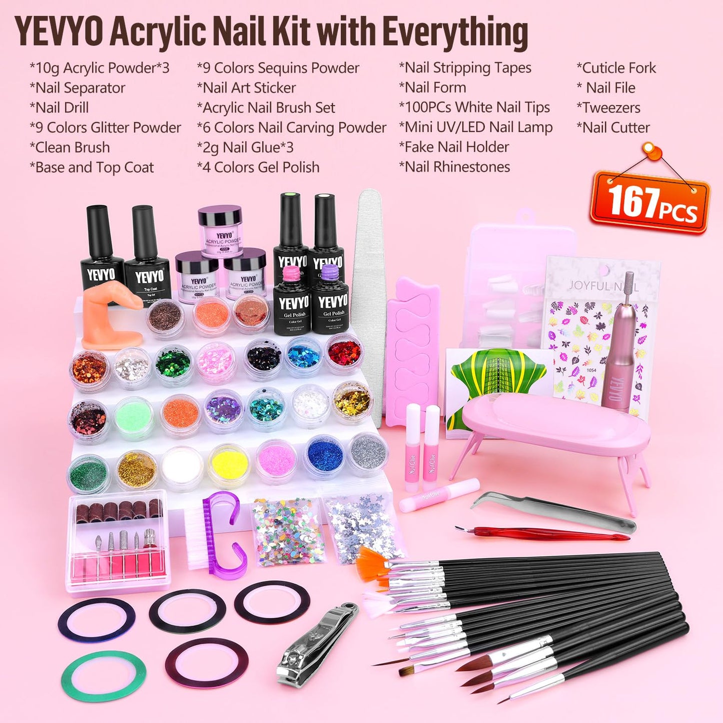 Yevyo Acrylic Nail Kit with Drill, 4 Colors Gel Polish and UV Light, 24 Colors Glitter Acrylic Powder and Brush Set for Beginners