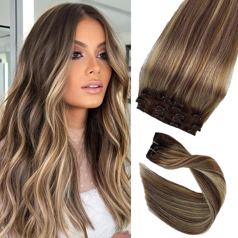 Human Hair Clip in Extensions Brown to Blonde Balayage Clip ins Extensions Remy Human Hair 16 Inch Clip on Extension Bleach Blonde Highlights Hair Extensions for Women Clip in 7Pcs 70g