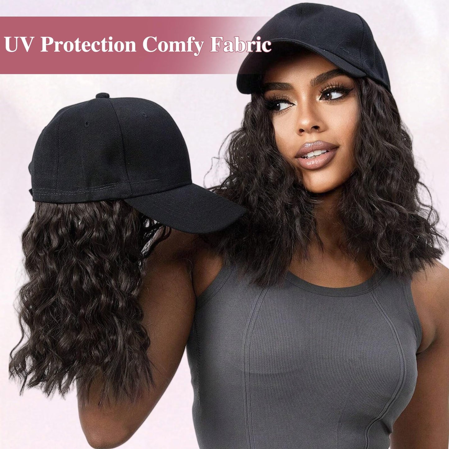 HANYUDIE Hat Wig for Women Wig Cap with Curly Hair Extensions Hat with Hair Wave Adjustable Baseball Cap Wigs
