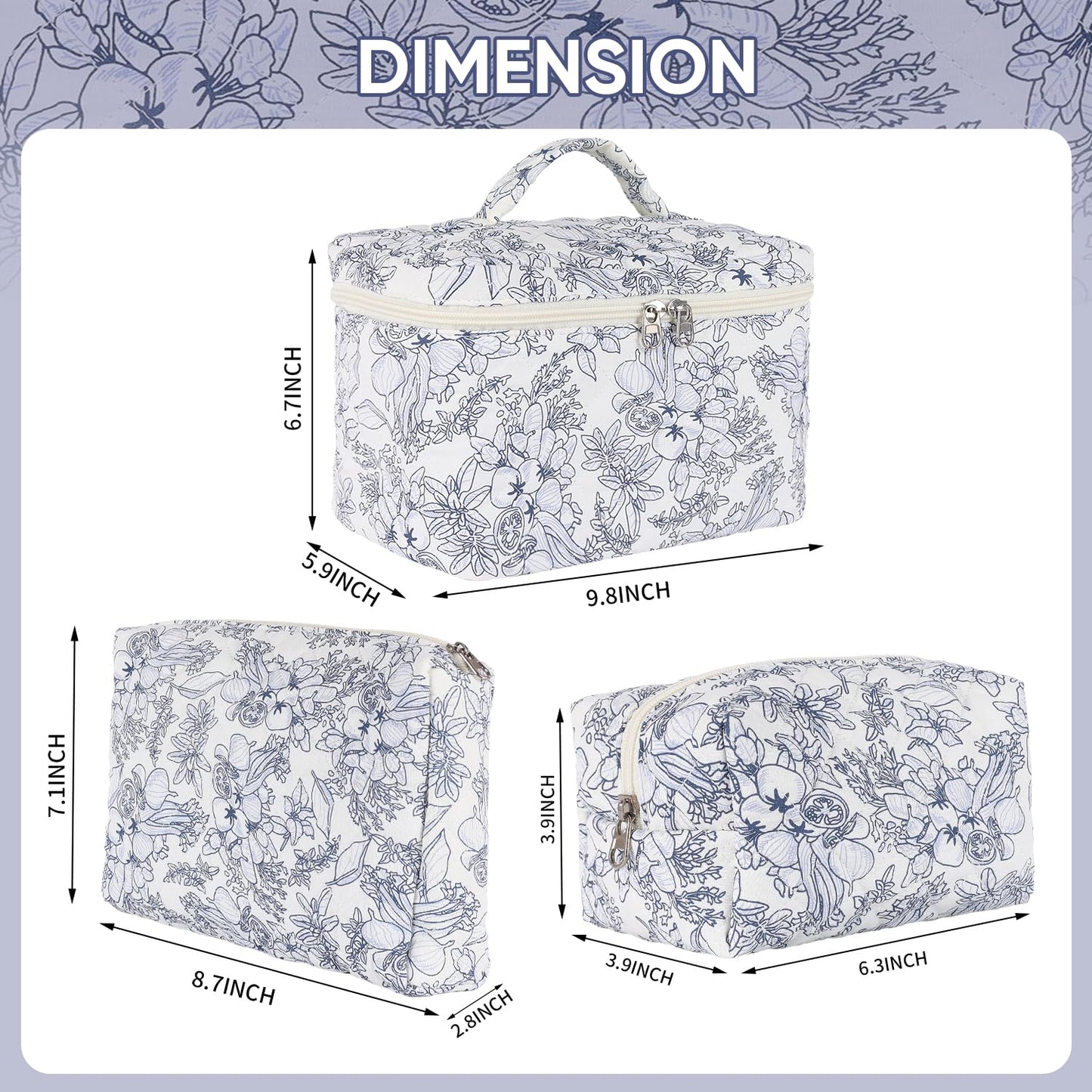 Sarrany 3Pcs Makeup Bag Set,Quilted makeup bag,Floral Cosmetic Bag for Women, Cute Cotton Cosmetic Bag, Wide-open Easy to Take, Flower Toiletry Organizer Bag