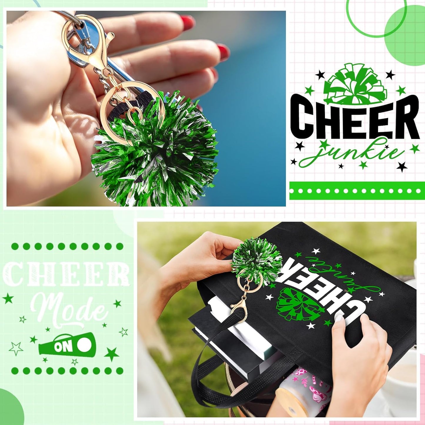 Cheerleading Gifts Set - 72 Pcs Green Cheer Bags, Pom Pom Keychains & Bracelets | Perfect for Female Teammates
