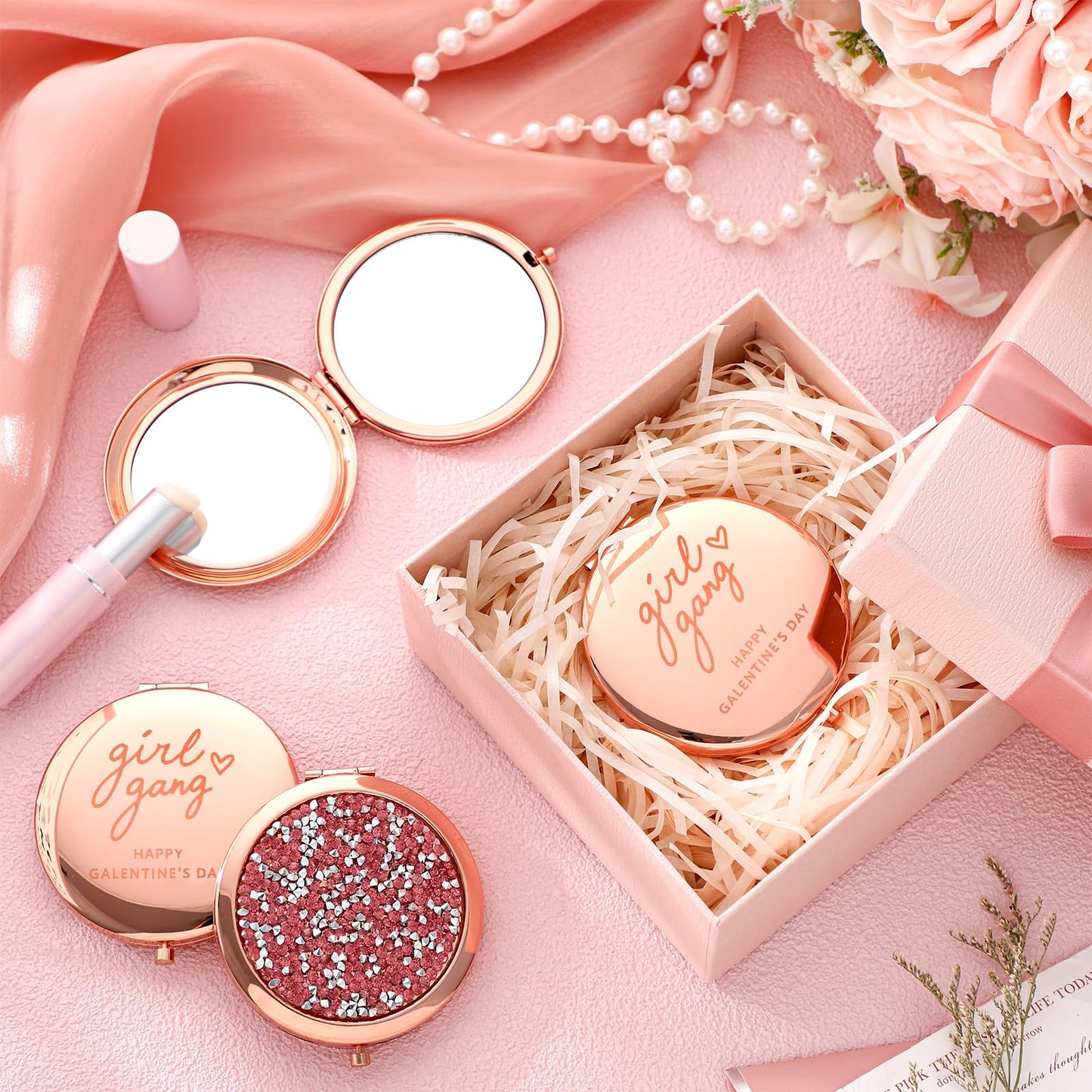 Thyle 12 Pcs Galentine's Day Gifts Compact Mirror for Purse, Double-Sided 1x/2x Magnifying, Metal Shell with Diamond, Galentines Folding Mini Pocket Travel Makeup Mirror for Women Friends Besties BFF